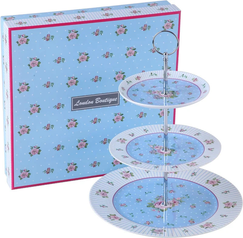 Etagere aus hochwertigem Porzellan, Victoria Blumendruck Rose in Geschenkbox, Porzellan, Blau