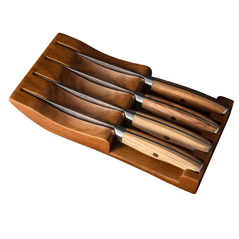 WOLFCUT - Damaskus Steakmesser-Set 4-tlg. 73-lagiger Damaszenerstahl mit Olivenholzgriff und Holzständer