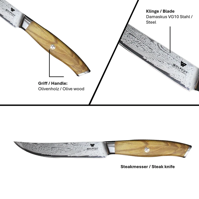 WOLFCUT - Damaskus Steakmesser-Set 4-tlg. 73-lagiger Damaszenerstahl mit Olivenholzgriff und Holzständer