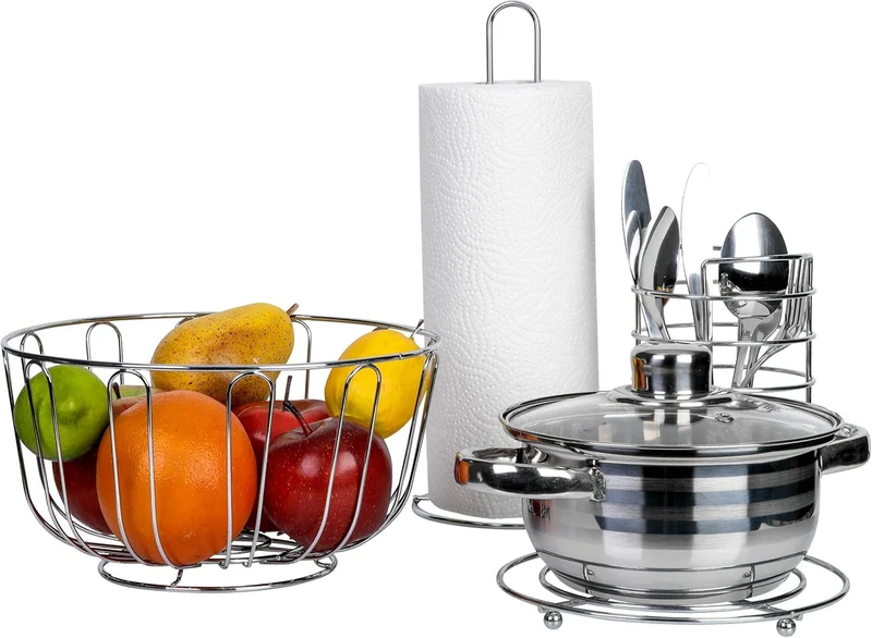 Küchenhelfer-Set, 4-Teilig aus Stahldraht - Obstkorb, Besteckkorb, Untersetzer & Küchenrollenhalter