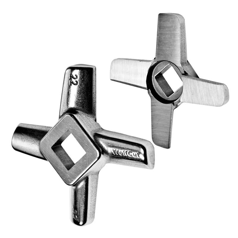 WOLFCUT - Fleischwolfscheibensatz 3 mm + 8 mm Bohrung und ein Kreuzmesser kompatibel mit allen gängigen Fleischwolf Marken Größe 22