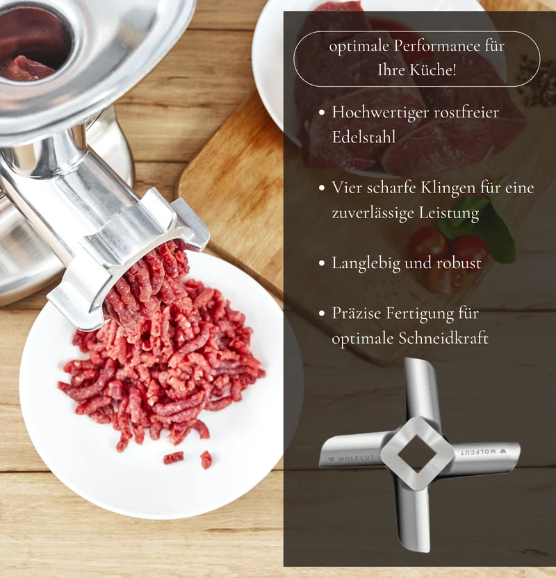 WOLFCUT - Fleischwolfscheibensatz 3 mm + 8 mm Bohrung und ein Sichelmesser kompatibel mit allen gängigen Fleischwolf Marken Größe 5
