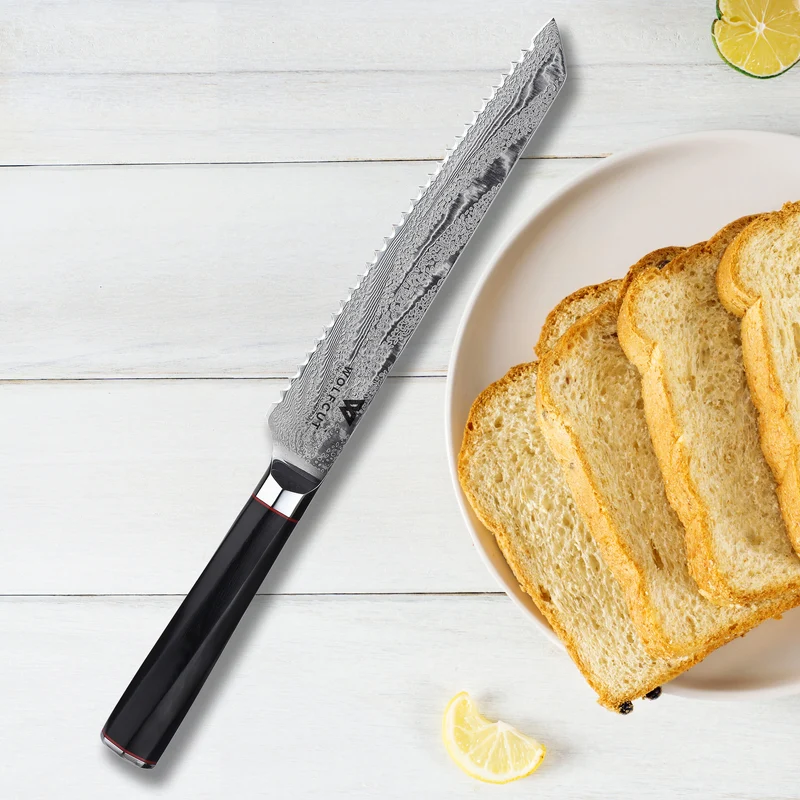 WOLFCUT - Damaskus Brotmesser 20 cm Klinge 73-lagiger japanischer Damaszenerstahl mit Geschenkbox