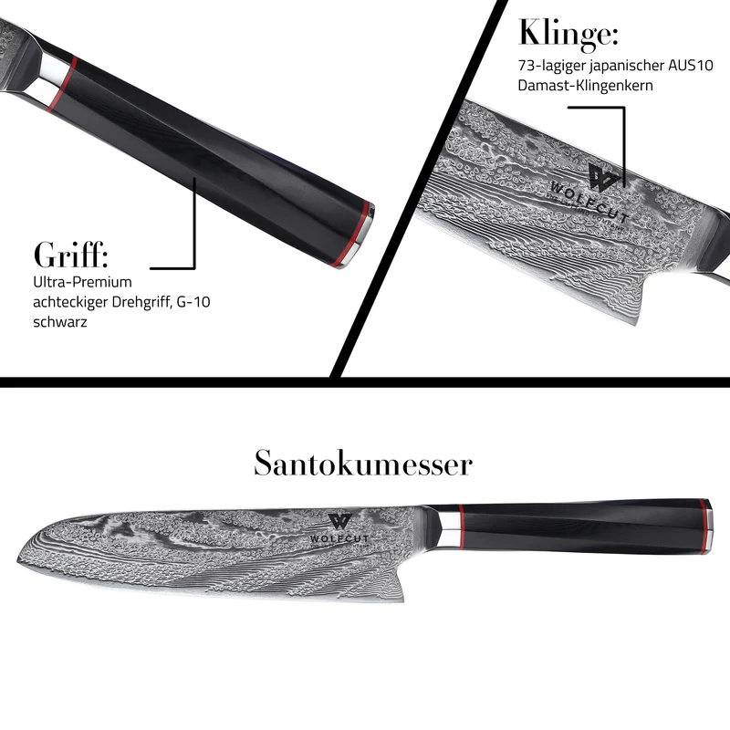 WOLFCUT - Damaskus Santokumesser 18 cm Klinge 73-lagiger japanischer Damaszenerstahl mit Geschenkbox