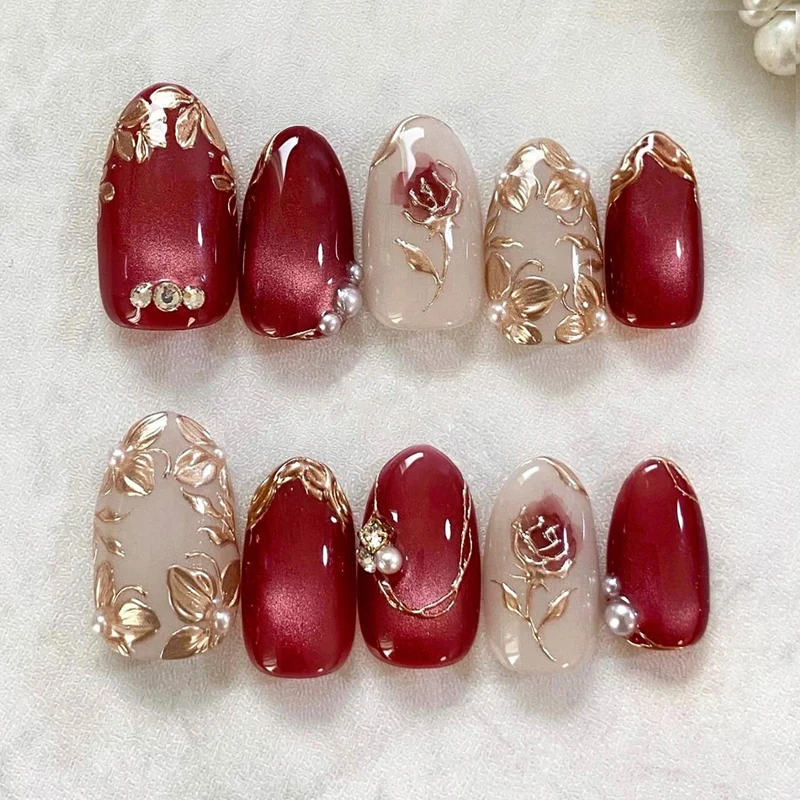 Floral Gemstone Press-On Nail Set