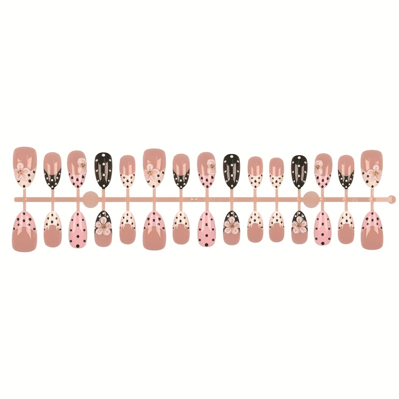 Künstlerisches Press-On-Nagelset mit Blumen- und Punkte-Designs