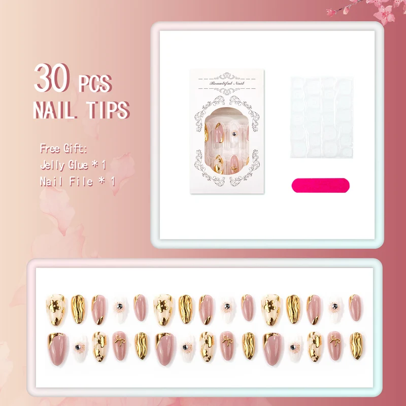 Dekoratives Press-On-Nagelset mit goldenen Akzenten