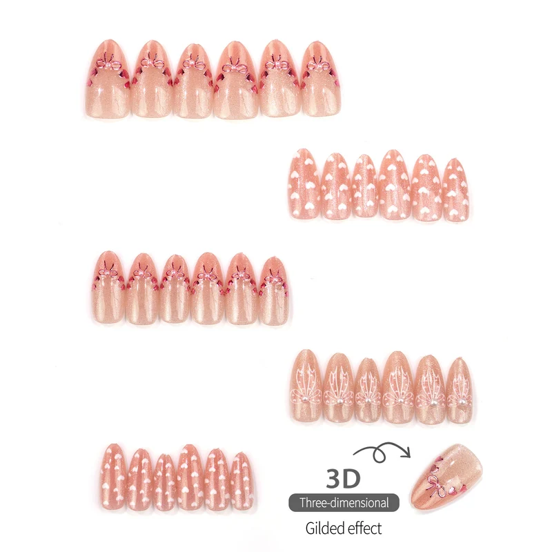 Dekoratives Press-On Nagelkunst Set mit Herz- und Schleifen-Designs