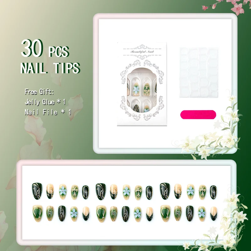 Künstlerisches Press-On-Nagelkunst-Set mit floralen und metallischen Designs