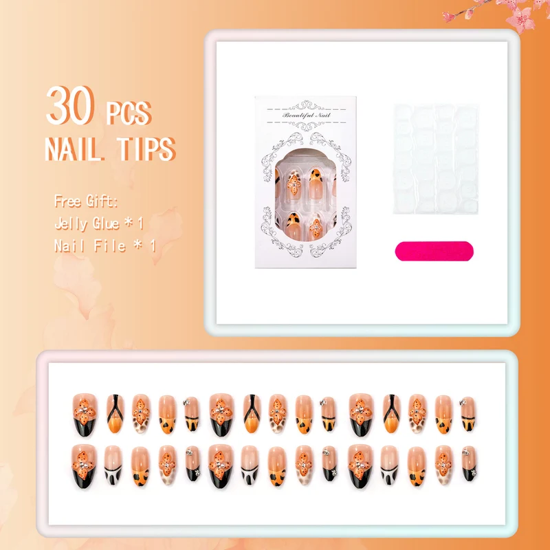 Künstlerisches Press-On-Nail-Art-Set mit floralem und Leopardenmuster