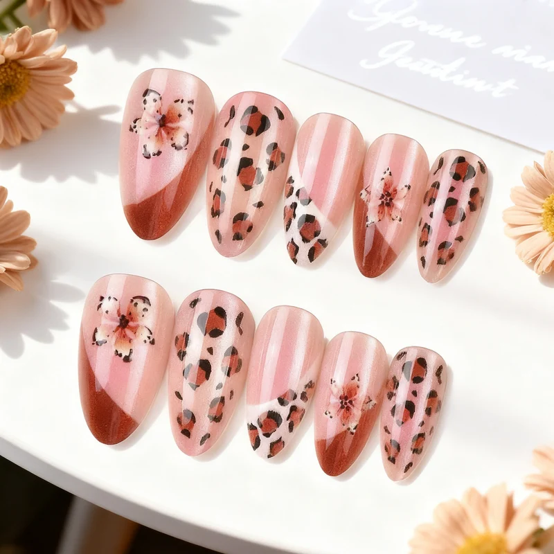 Künstlerisches Press-On Nagelkunstset mit floralen und Leoparden Designs
