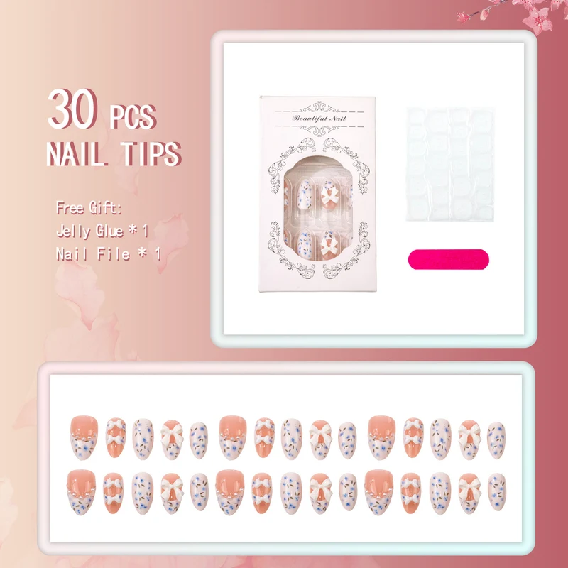 Künstlerisches Florales und Schleifen Press-On Nail Set