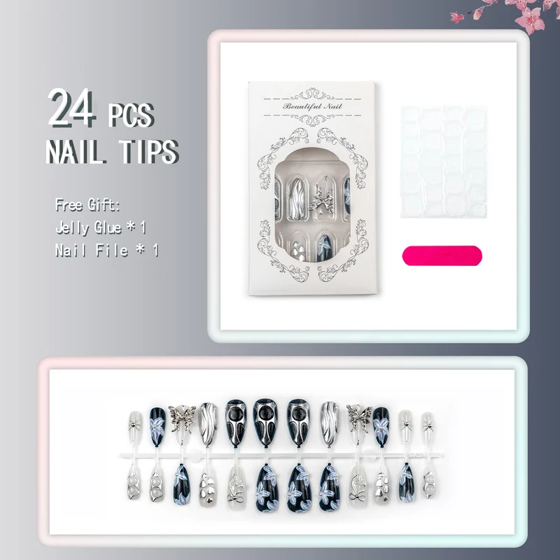 Dekoratives 3D-Blumen- und Metallic-Press-On-Nagelkunst-Set