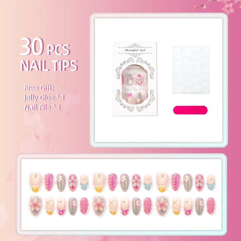 Künstlerisches Press-On-Nagelset mit floralen und Muschel-Designs