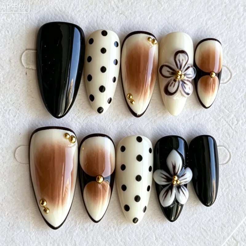 Künstlerisches Press-On-Nagelset mit floralen und gepunkteten Designs