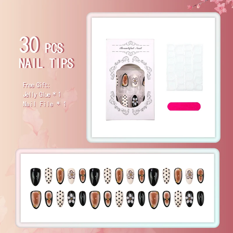 Künstlerisches Press-On-Nagelset mit floralen und gepunkteten Designs