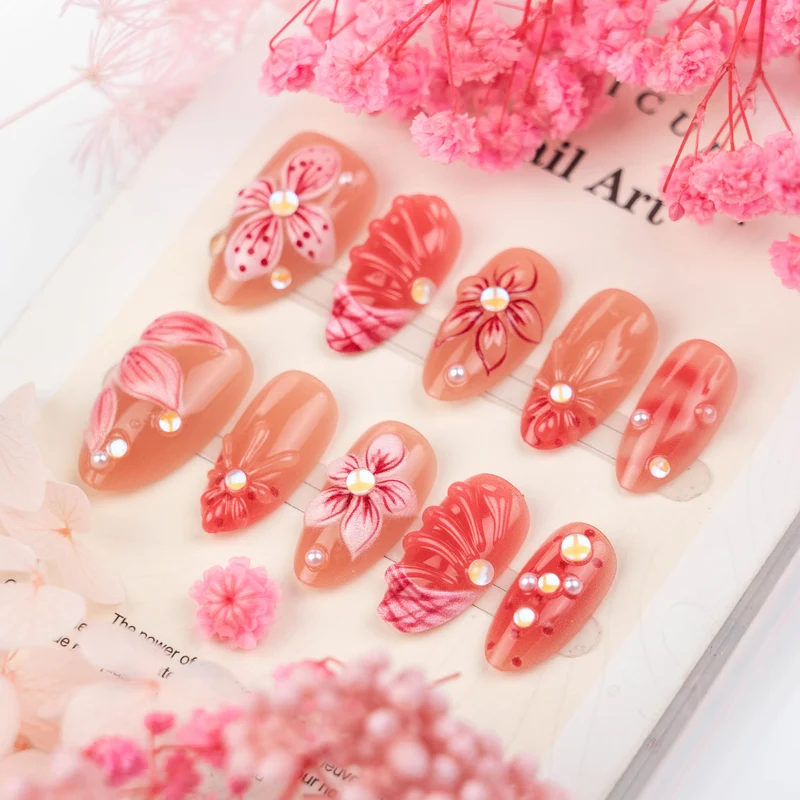 Künstlerisches 3D-Blumen-Design Press-On Nagelset