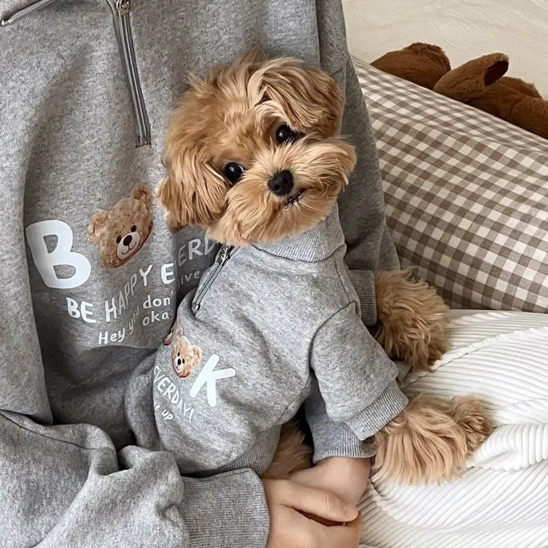 Zip-Up Baumwollmischung Haustierpullover mit Teddy-Bären-Druck