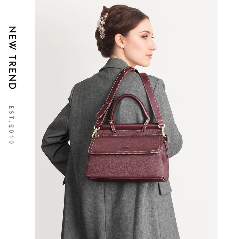 Top-Handle genarbtes Leder-Satchel mit Kontrastnähten