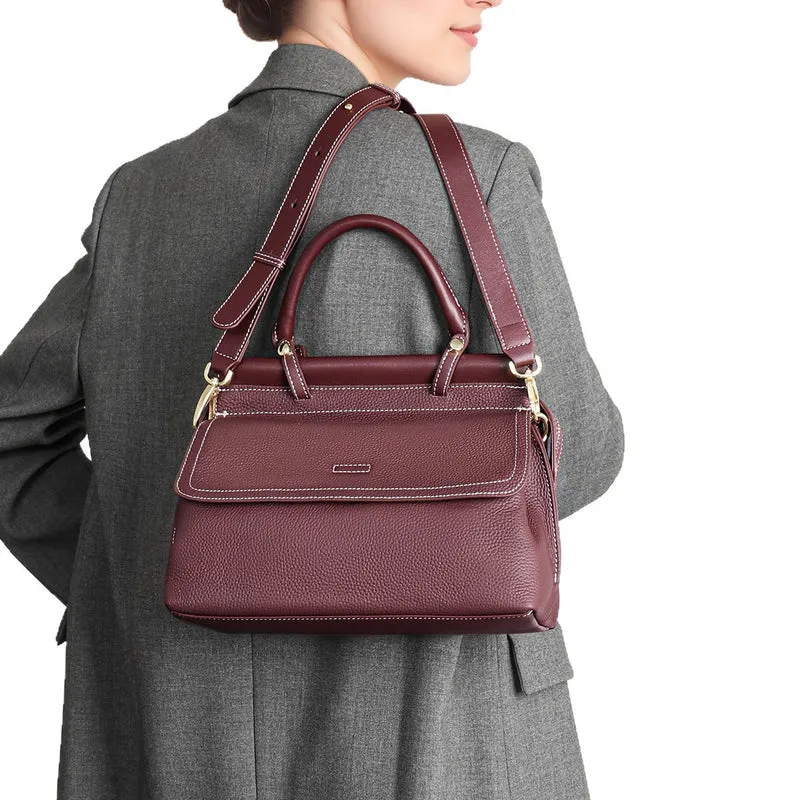 Top-Handle genarbtes Leder-Satchel mit Kontrastnähten