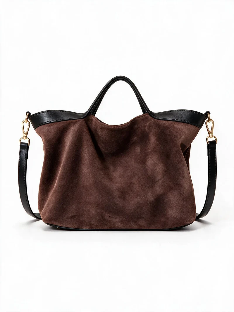 Wildleder Slouch Shopper Tote mit Kontrastlederbesatz und abnehmbarem Crossbody-Tragegurt