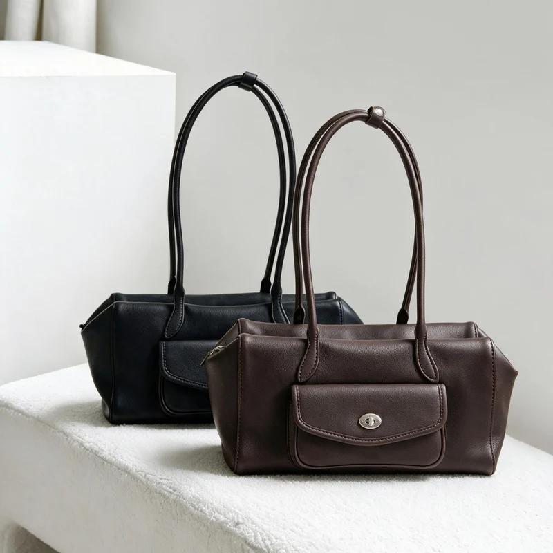 Strukturierte Barrel-Tote mit Front-Drehverschluss-Tasche und doppelten Schulterriemen