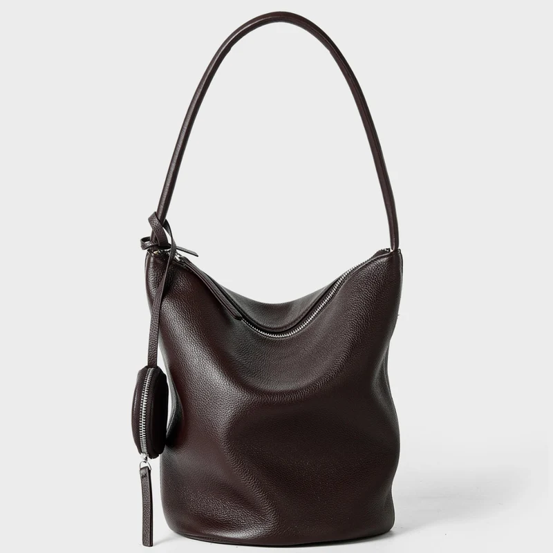 Schluffige genarbte Bucket Hobo Tasche mit gebogenem Reißverschluss und abnehmbarem Münzbeutel