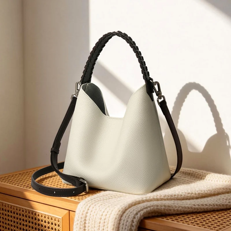 Geriffeltes Leder Bucket Hobo Bag mit geflochtenem Tragegriff und abnehmbarem Schultergurt