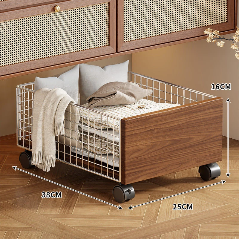 Unterbett Rollwagen Drahtlagerbehälter mit Holzfront und verriegelbaren Rollen