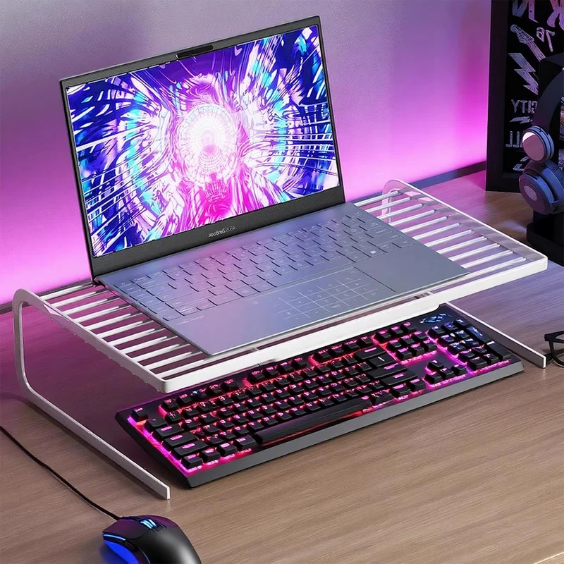 Zwei Ebenen verstellbarer Metall-Laptop- und Monitorständer mit belüfteten Lamellenregalen