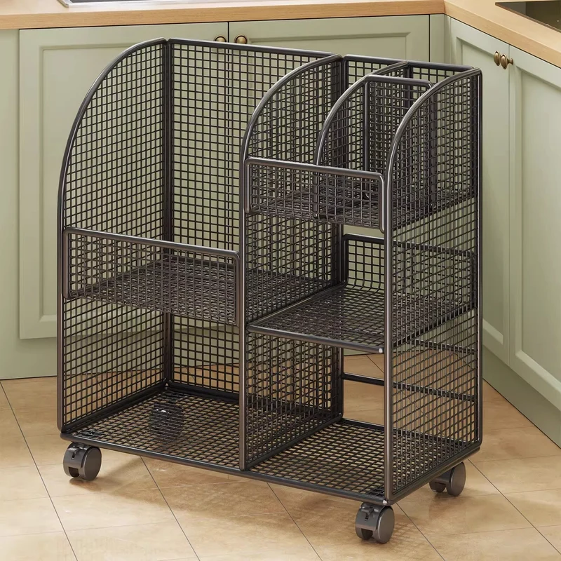Modular belüfteter Mesh-Vorratstrolley mit geteilten Regalen und glatten arretierbaren Rollen