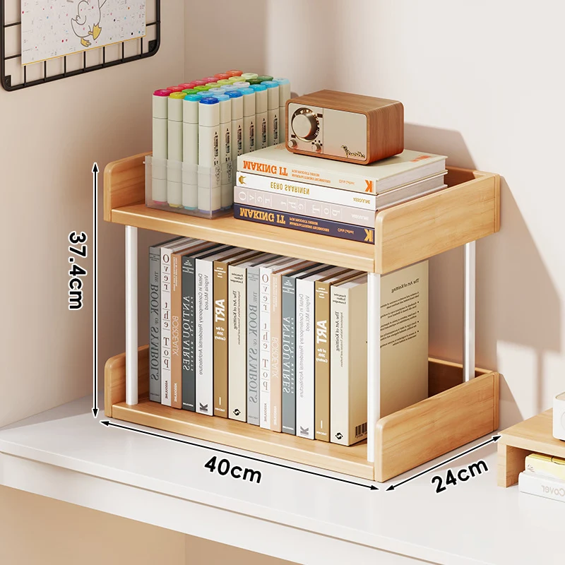 Minimalistische solide Holz-Zwei-Ebenen-Schreibtischbuchregal mit Metallstützstäben