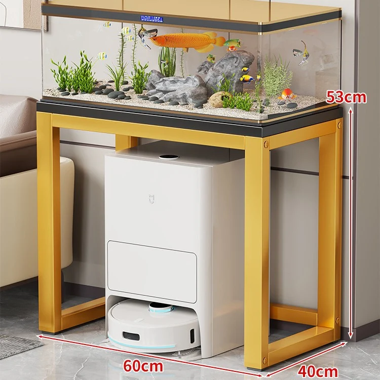 Gold-Metall-Aquarium-Konsole mit Kunstmarmorplatte und Robotersauger-Aufbewahrung