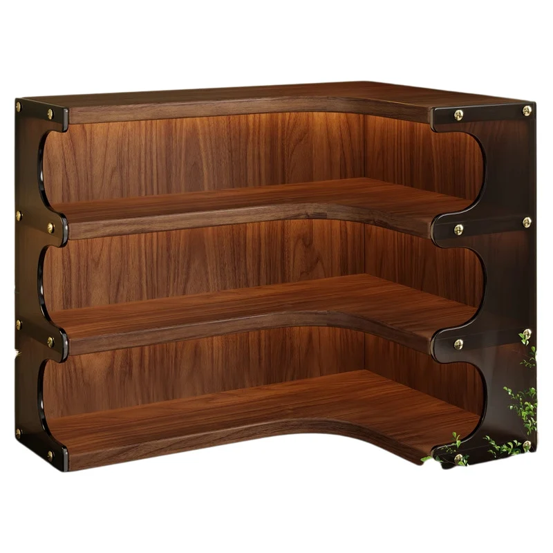 Eck-Dre tiers Holz Theke Anzeige Regal Organizer mit gebogenen Regalen und Messing Akzenten