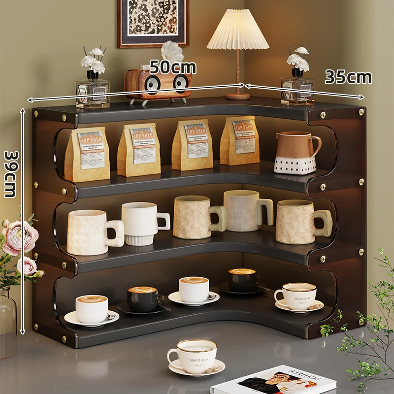 Eck-Dre tiers Holz Theke Anzeige Regal Organizer mit gebogenen Regalen und Messing Akzenten