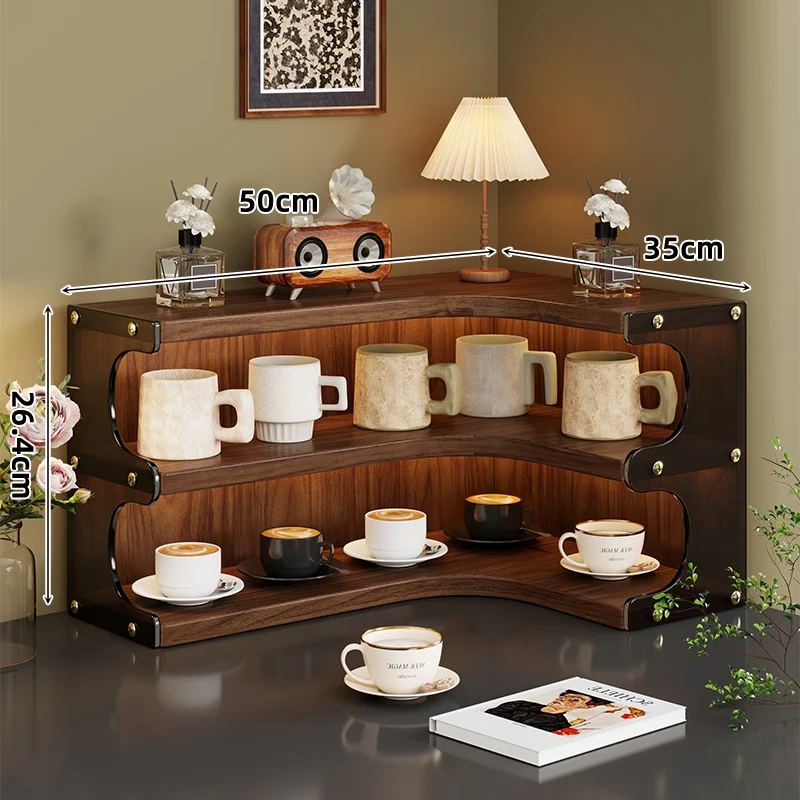 Eck-Dre tiers Holz Theke Anzeige Regal Organizer mit gebogenen Regalen und Messing Akzenten