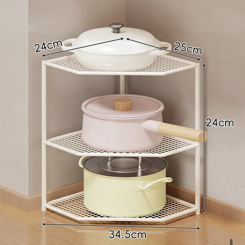 Eck-Drei-Stufen-hexagonaler Metall-Mesh-Küchen-Töpfe-und-Pfannen-Organizer-Regal