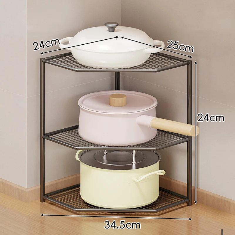 Eck-Drei-Stufen-hexagonaler Metall-Mesh-Küchen-Töpfe-und-Pfannen-Organizer-Regal