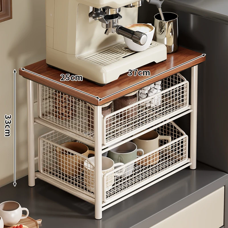 Kompakte Zwei-Ebenen-Countertop-Kaffee-Station-Organizer mit Holzoberfläche und herausziehbaren Drahtgitterkörben