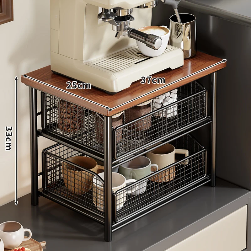 Kompakte Zwei-Ebenen-Countertop-Kaffee-Station-Organizer mit Holzoberfläche und herausziehbaren Drahtgitterkörben