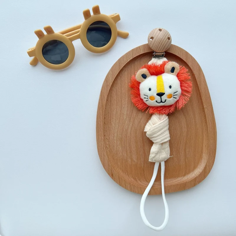 Holzclip Fuchs Plüsch Schnullerhalter mit geknotetem Musselinstreifen