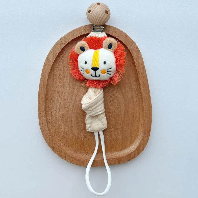 Holzclip Fuchs Plüsch Schnullerhalter mit geknotetem Musselinstreifen