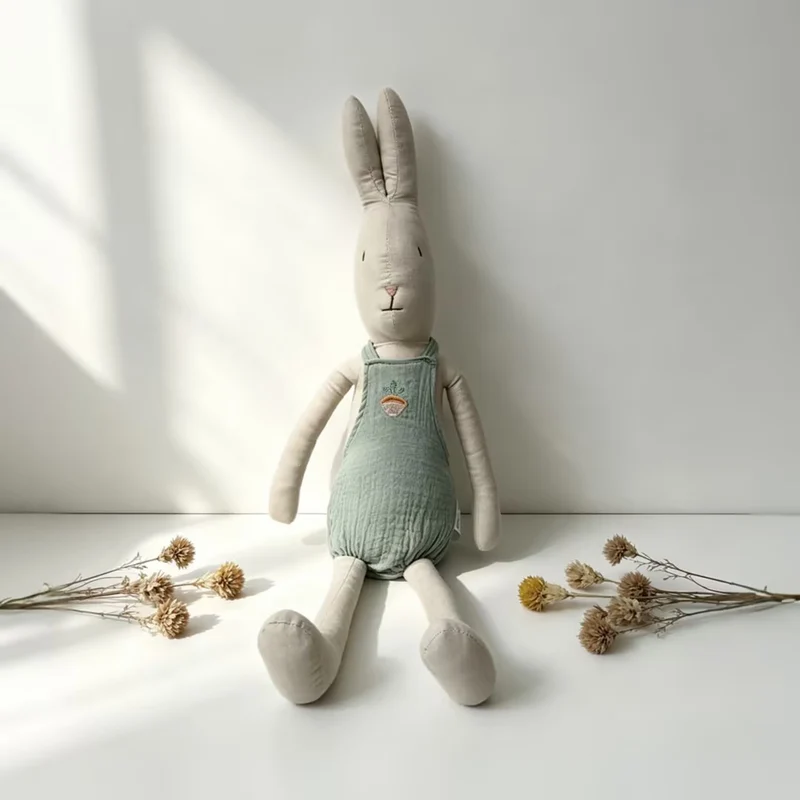 Plüsch-Langohren-Hasenpuppe mit Musslin-Overall