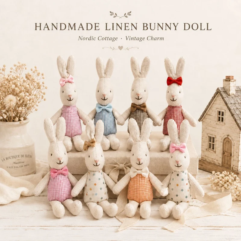 Handgenähte Leinen-Hasen-Schnuffeltuch-Puppe mit Karo-Taschenkleid