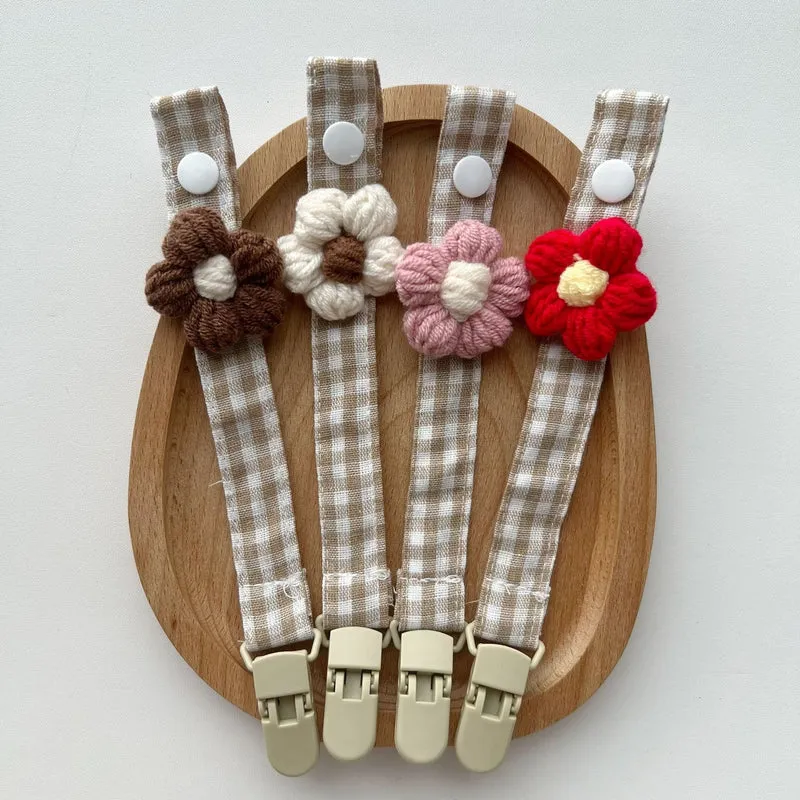 Gingham Leinen-Stil Häkelblumen Schnuller und Beißring Clip