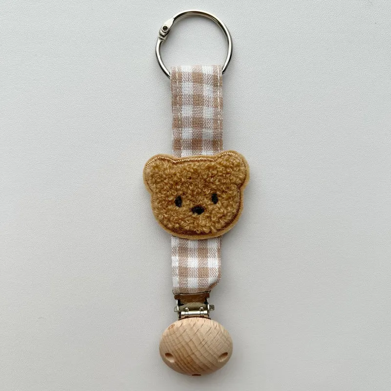 Bestickte Teddy Schnuller- und Beißclip mit Holz-Sicherheitsklammer