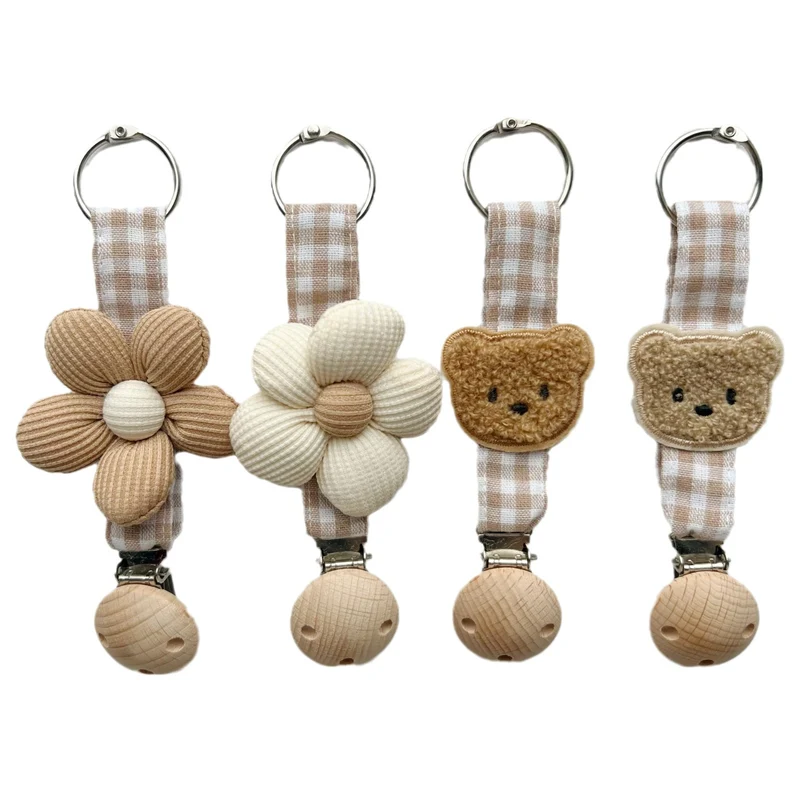 Baumwolle Gingham Strap Schnullerclip mit gepolstertem Blumenschlafsack und Holz-Sicherheitsklammer