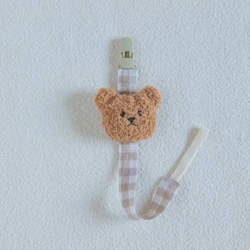 Baumwoll-Gingham-Schnullerclip mit plüschigem Bärenapplikation und Schnellverschluss-Sicherheitsclip
