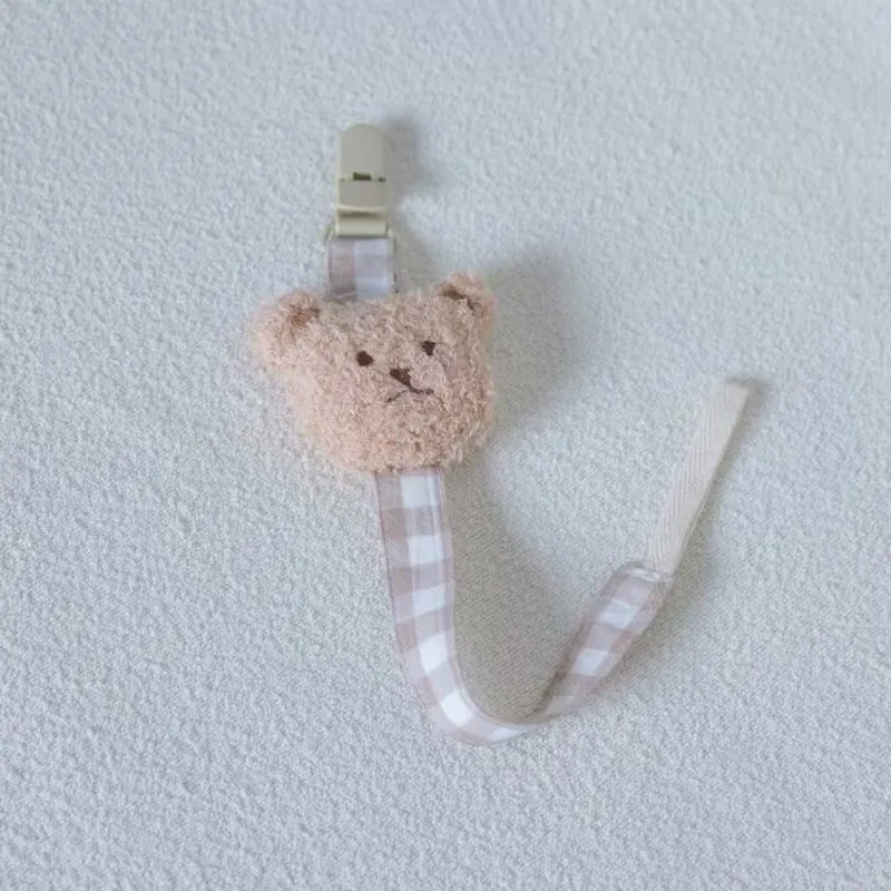 Baumwoll-Gingham-Schnullerclip mit plüschigem Bärenapplikation und Schnellverschluss-Sicherheitsclip