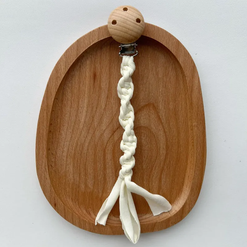 Geflochtene Baumwoll-Schnullerkette mit Holzsicherheitsklemme